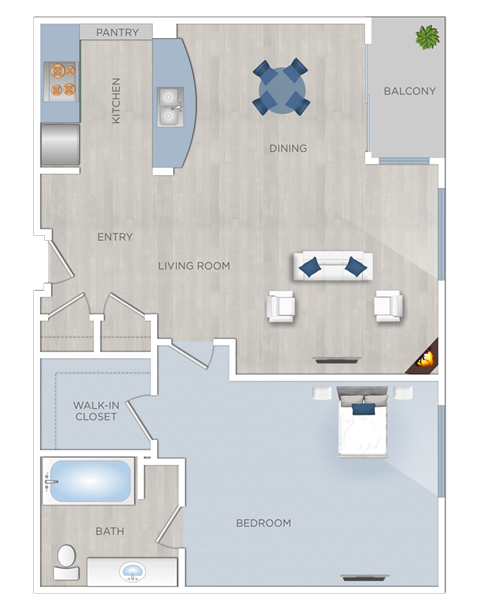 Floor plan for 1 bed, 1 bath, 900 sqft
